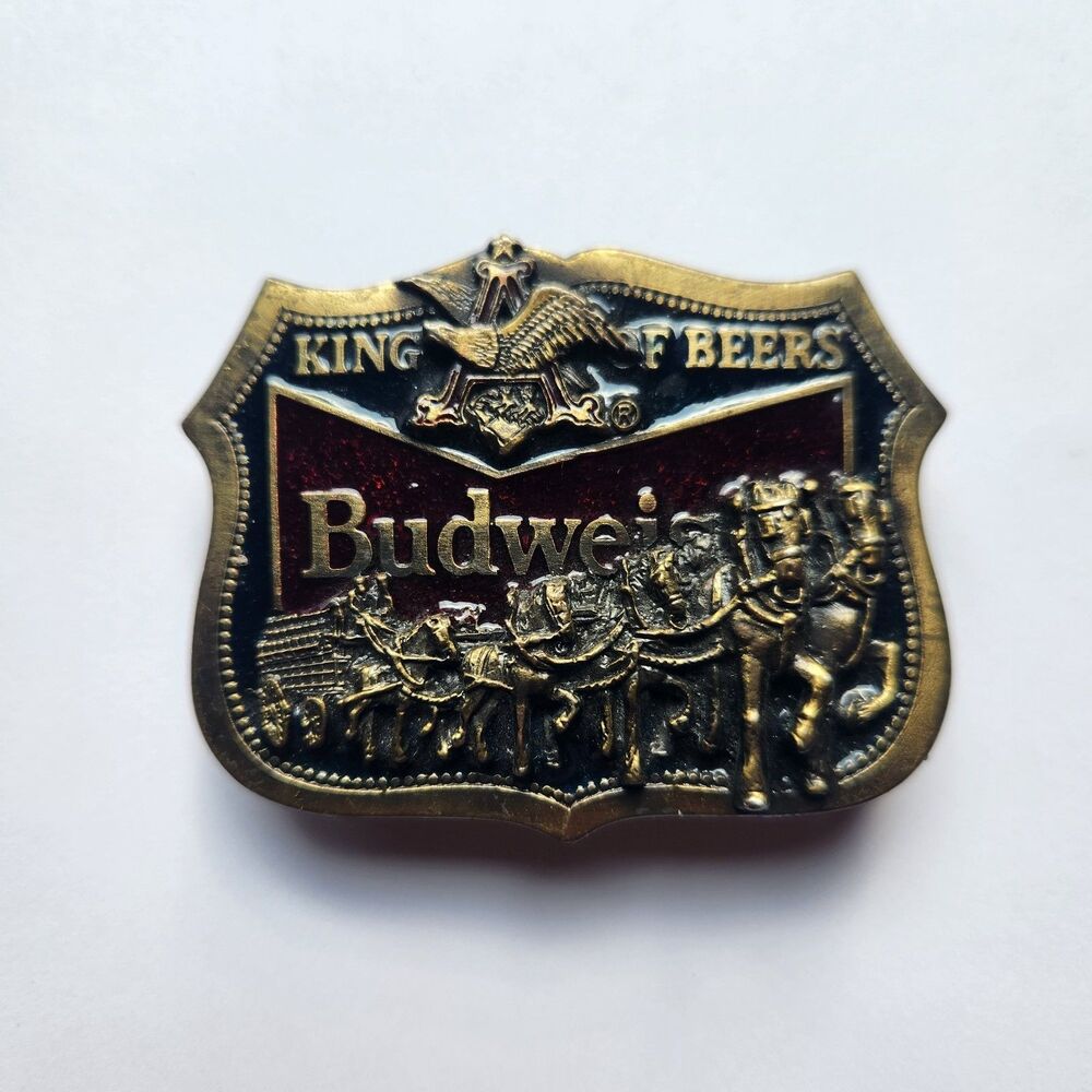 Budweiser King of Beers Brass Enameled Belt Buckle Clydesdale Horses MADE IN USA